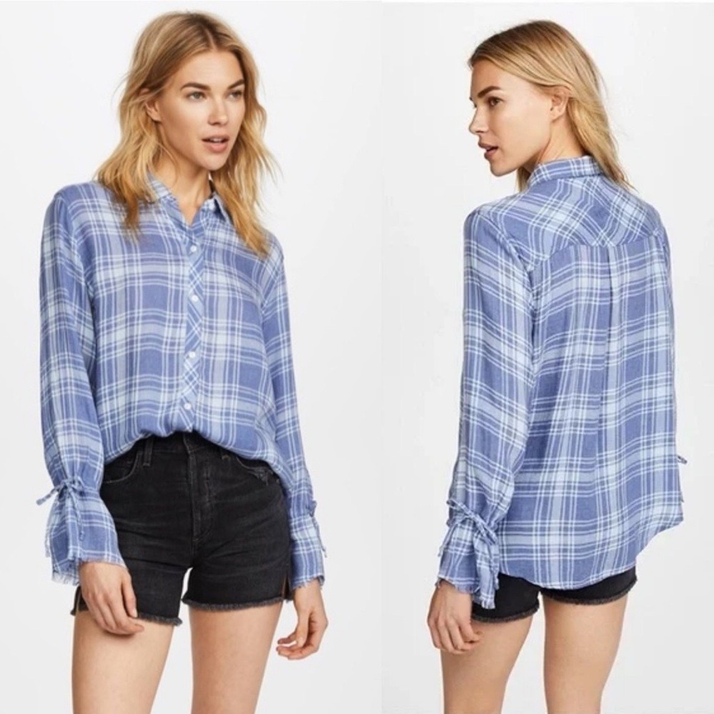 Rails Astrid Cali Blue Raw Hem Tie Cuff Long Sleeve Button Down Tencel Linen